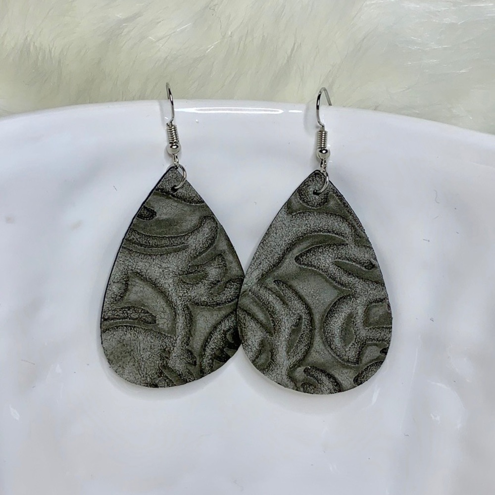 Gray Leather Embossed Earrings